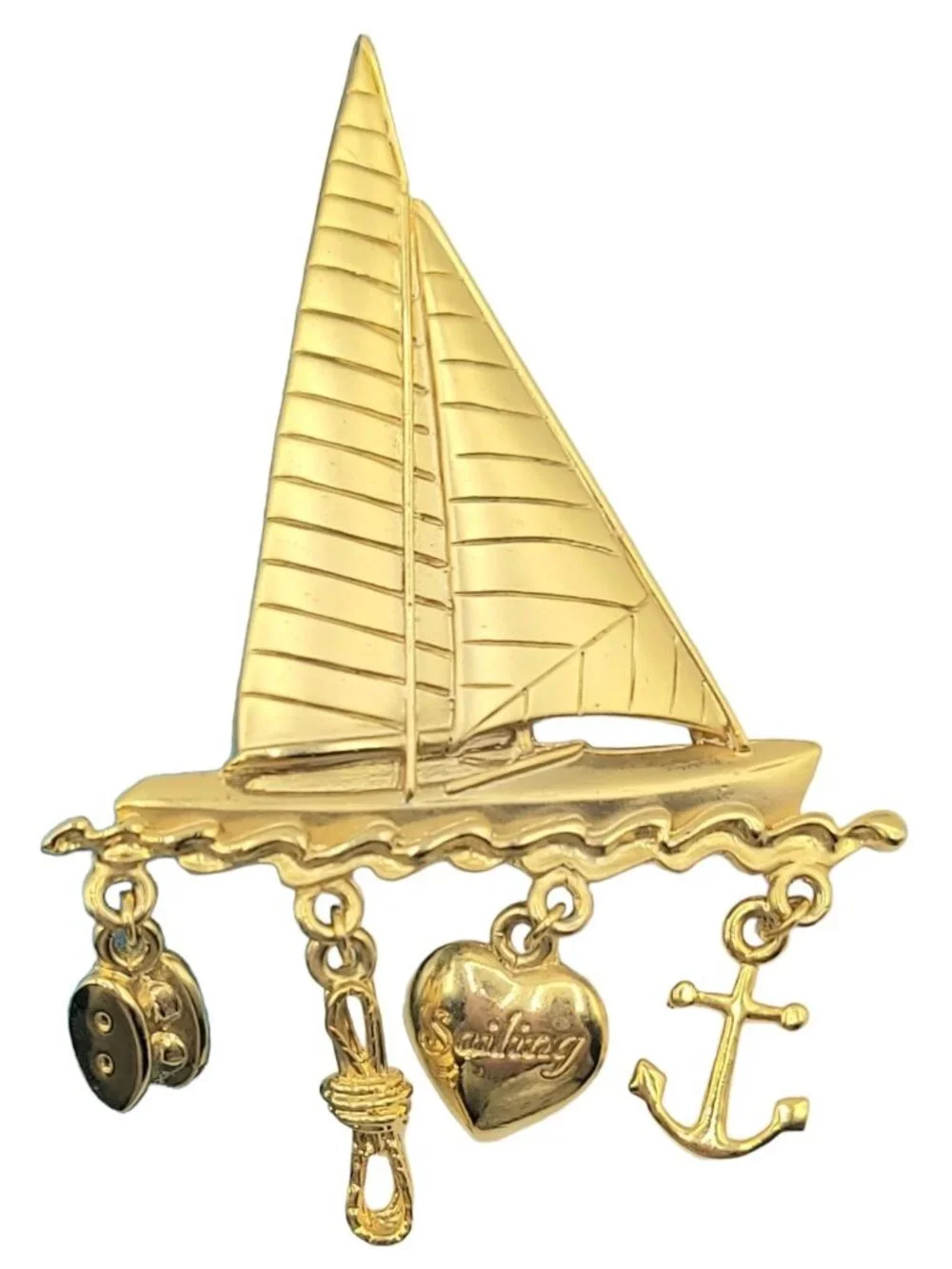 JJ Jonette Jewelry Sailboat Anchor Heart Charm Brooch. Signed